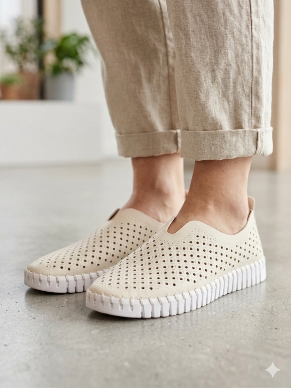 Ilse Jacobsen Perforated Slip-On Moccasins in Cream with White Soles